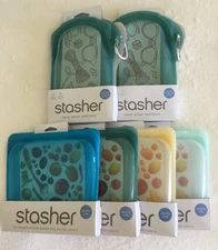 LOT OF 6 STASHER Silicone Reusable Storage Bags 2 Go & 4 Sandwich NEW SHIPS FREE