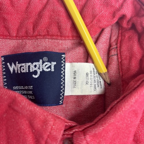 Wrangler Shirt Red LS Solid Western Pearl Snap Brushpopper VTG USA Made 16.5-35 - Picture 4 of 10