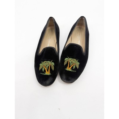 Stubbs & Wootton Black Velvet Palm Tree Embroidered Slippers 