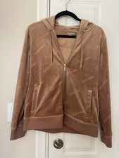 Calvin Klein Women's Full Zip Up Hoodie - Velour Embossed Logo - Tan - Small