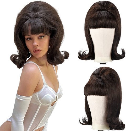 Peluca Retro Marrón Años 50 60 70 Peluca con Flequillo para Mujer Cabello Sintético para Hola... - Imagen 1 de 6