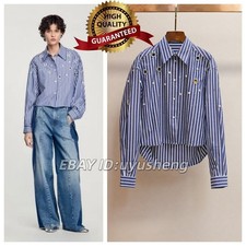 NEW AUTHENTIC Sandro Women Hollow Out Stripe Lapel Pearl Loose Shirt Tops SML