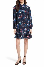 Tory Burch Gabrielle Floral Silk Shirtdress Short Silk Dress Navy Blue 14 $498
