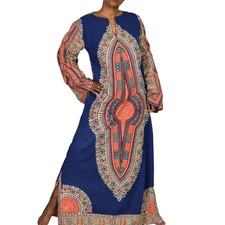 Vintage Tram Dashiki Pakistan Caftan Dress Medium Blue 70s Maxi Cotton Side Slit
