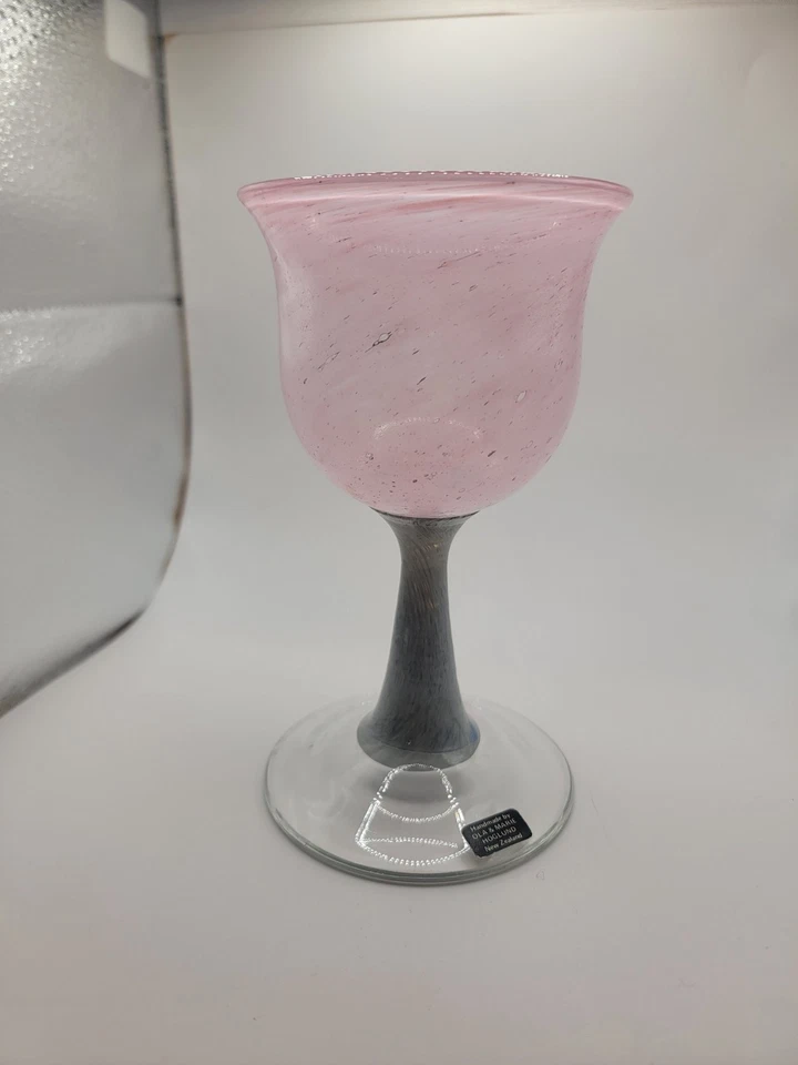 Ola & Marie Hoglund New Zealand Art Glass Goblet Pink Swirl Grey Stem Etched . - image 2 of 4