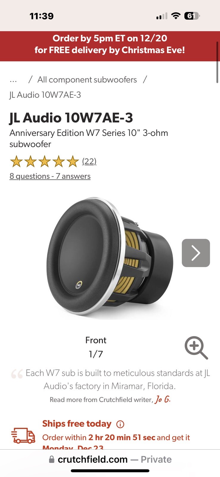 JL Audio 10W7AE-3 1-Way 10in. Car Subwoofer