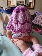 New. Hand Knitted Girl's Hat, Lilacs. Frilly Brim approx 19/20 ins at start