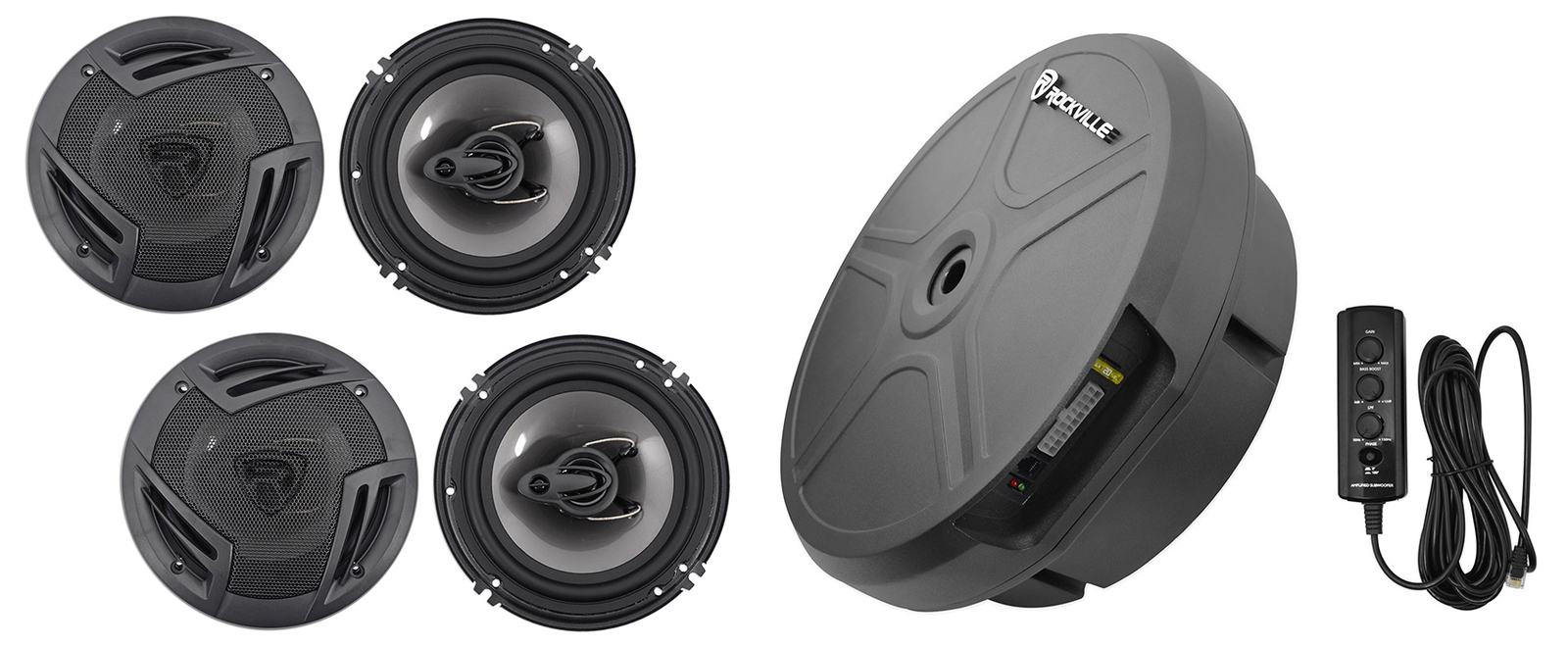 4 Автомобильные колонки Rockville RV63A 65 дюймов Скрытый сабвуфер с питанием от запасного колеса 39190₽