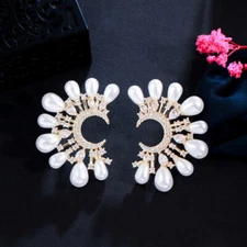 Symmetrical Moon Half Round CZ Big Drop Pearl Earrings Elegant Jewelry for Bride