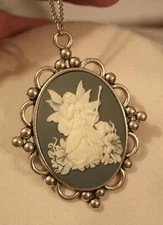 Lovely Ball Clustered Silvertone Blue & White Fairy with Wand Cameo Necklace
