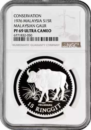 Malaysia 15 ringgit 1976, NGC PF69 UC, "Conservation - Malaysian Gaur" silver