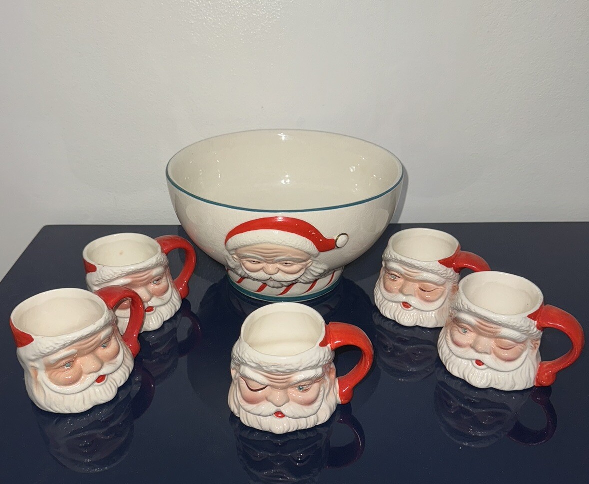 Vintage Japan MCM Ceramic Christmas Winking Santa Hot Cocoa Punch
