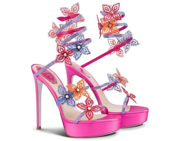 RENE CAOVILLA pink floral appliqu rhinestone Ankle Wrap Stiletto