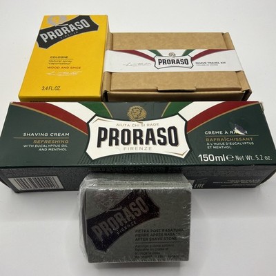 PRORASO AIR TRAVEL SHAVING KIT/SHAVING CREAM/ AFTER SHAVE STONE/ COLOGNE NIB 
