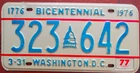 1976 DISTRICT OF COLUMBIA WASHINGTON DC BICENTENNIAL LICENSE PLATE # 323 642