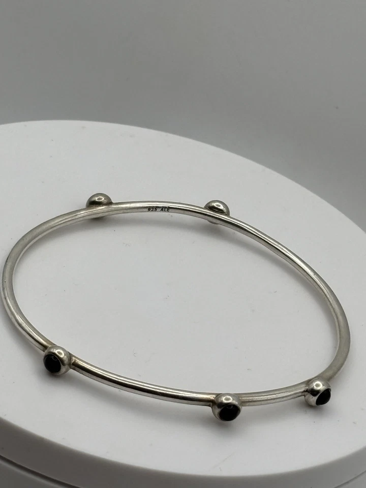 Pandora Retired Sterling Silver Bangle 5 Onyx Cabochons Size 8 Very Rare - Image 3 of 4
