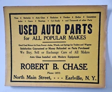 Vintage Old Auto Parts Sign, Cardboard, Robert Chase Earlville NY Phone 18Y3