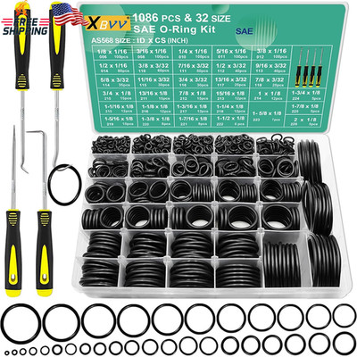 XBVV 1086 Pcs 32 Size SAE O Ring Assortment Kit Standard Buna-N Rubber O'Ring Se