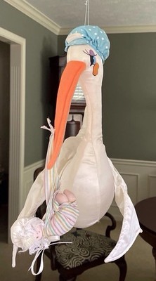 Vintage Large Plush Hanging Stork & Baby, 17 '', By Russ painted eyes,Satin