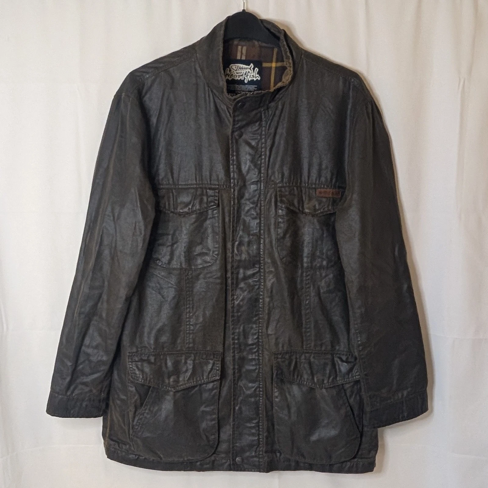 Weird Fish Wax Jacket Mens L Brown Distressed Plaid Lined Field Coat