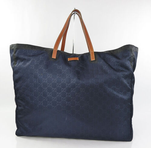 Auth GUCCI Navy GG Nylon and Leather Tote Bag Purse #60705 - Picture 2 of 16