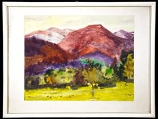 Vintage watercolor landscape painting depicting red mountains and nature