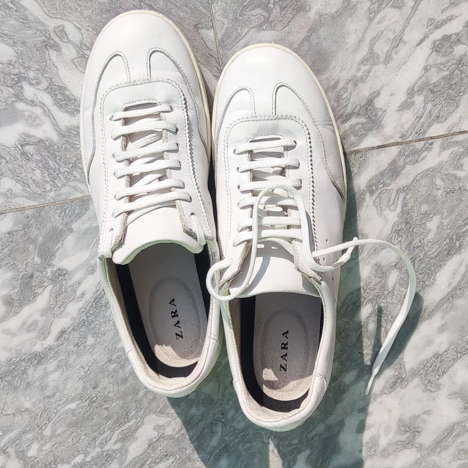 Talla 8W EE. UU. Zapatos Zara 39 Tenis Tenis Cuero Blanco Con Cordones Puntera Almendra Parte Superior Baja Foto 3 de 4