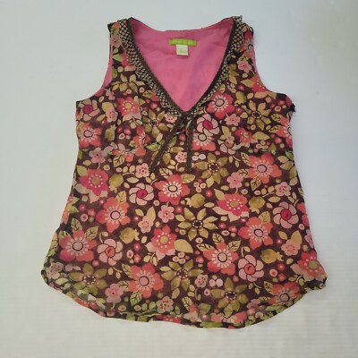 Sigrid Olsen Shirt Womens 6 Brown Pink Floral Sleevelss V-Neck Lined Blouse
