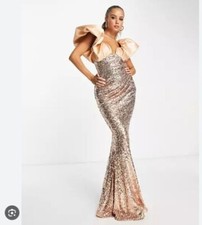 ASOS DESIGN LADIES ROSE GOLD SEQUIN PUFF SLEEVE LONG DRESS SIZE 12 UK