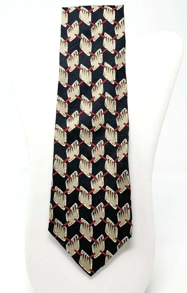 Halston Para Hombres Negro Seda Corbata Beige y Rojo Geométrica Seda Corbata Vestido Traje Formal Foto 2 de 4