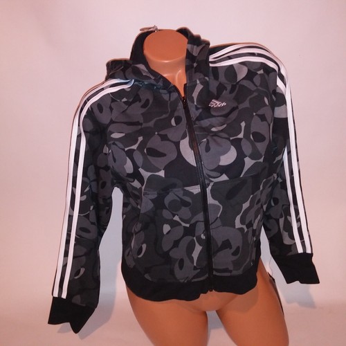 Adidas Sweater Girls Full Zip Hoodie Loose Fit Gray Black White 3 Stripe New - Picture 9 of 16