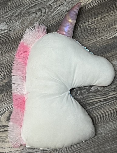 Unicorn Head Plush Pillow Sequins Flip Flop Pink Silver - Picture 5 of 5