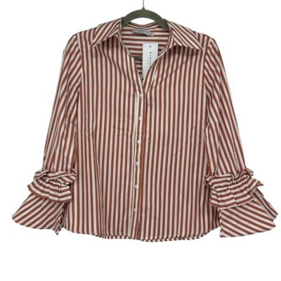 HARSHMAN SHIRT WOMENS XS SELINA BUTTON DOWN BROWN STRIPES FLARED SLEEVE COTTON