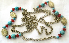 Ancien grand collier sautoir couleur or perles turquoise rare bijou vintage 186