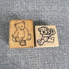 Teddy Bear Wood Rubber Stamp Lot of 2 All Night Media Unbranded Flowers Heart