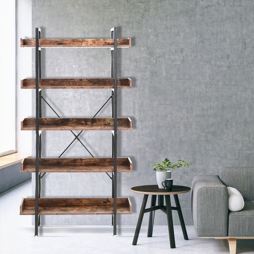 5 Tiers Wooden Rustic Industrial Bookshelf Storage Shelving Unit Free Standing - Picture 4 of 17