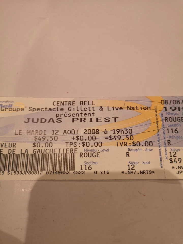  JUDAS PRIEST CONCERT MONTREAL BELL CENTRE UNUSED  TICKET STUB AUG. 12.2008p - Image 2 of 4