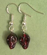 CRYSTAL SKULL EARRINGS - Transp. Red Glass Beads with SS Ear Wires HALLOWEEN