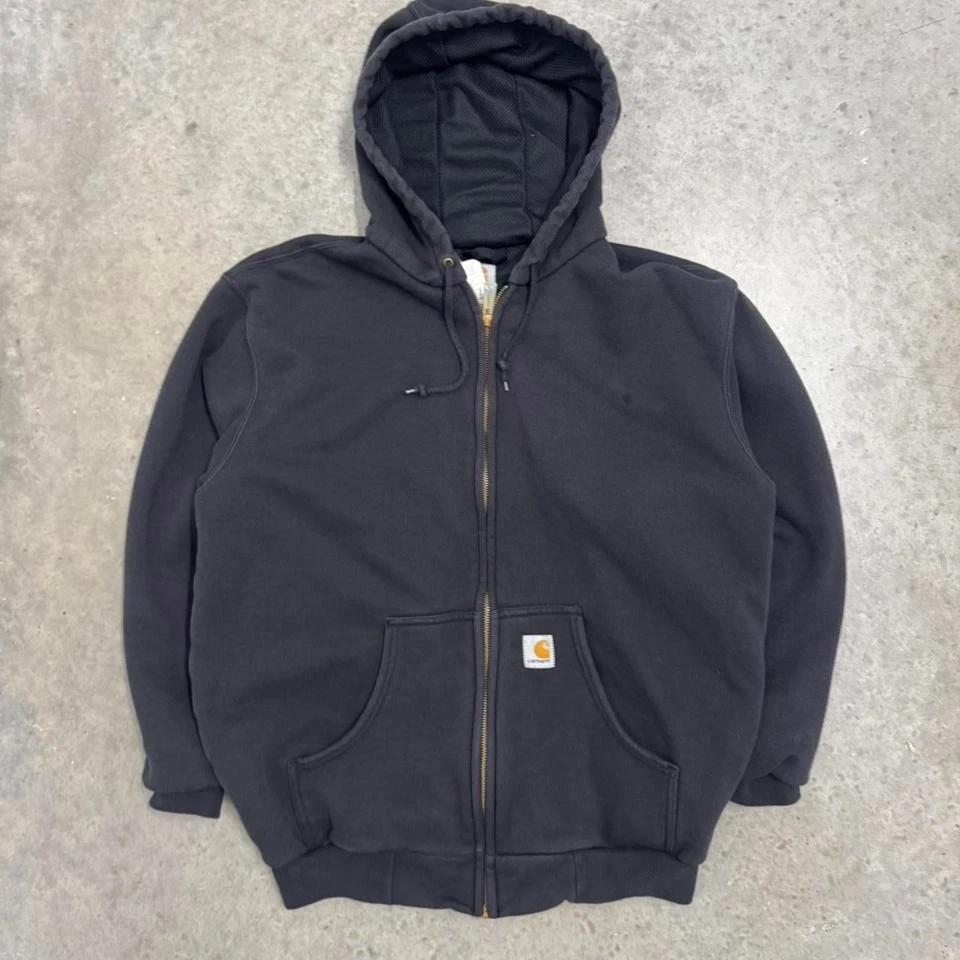 Vintage Y2K Carhartt Hoodie Thermal Lined Full Zip Faded Black Mens Medium