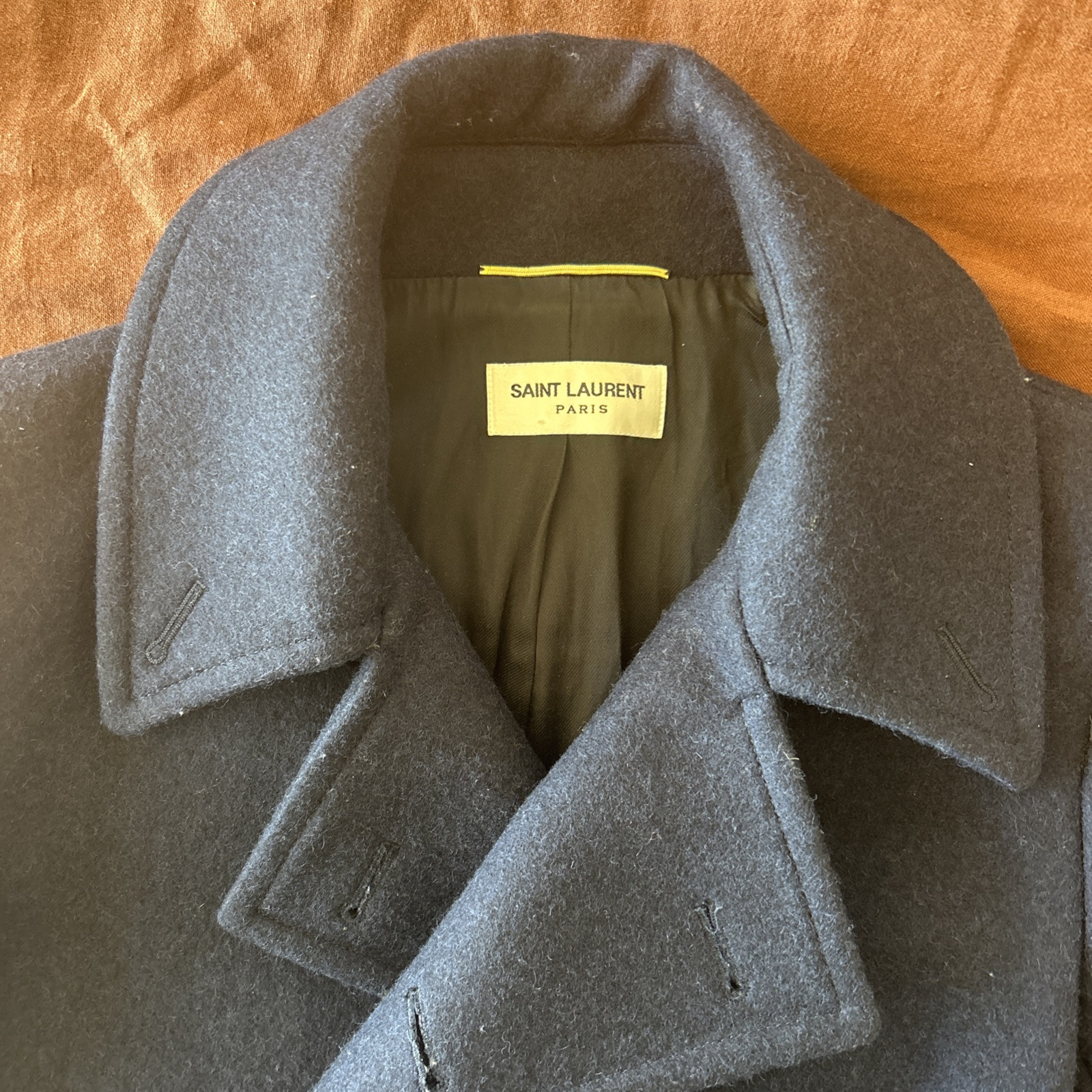 Cappotto Saint Laurent Paris Pavone Lana 38 Piccolo YSL Corto Navy 2013 Slimane