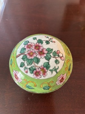 Chinese Canton Enamel Trinket Bowl with Lid Hand Painted Flowers Vintage