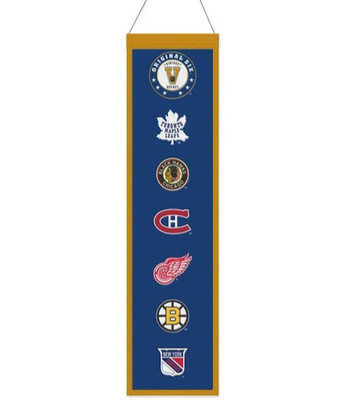 THE ORIGINAL SIX NHL EMBROIDERED WOOL BANNER 8''X32'' W/ HANGING ROPE WINCRAFT