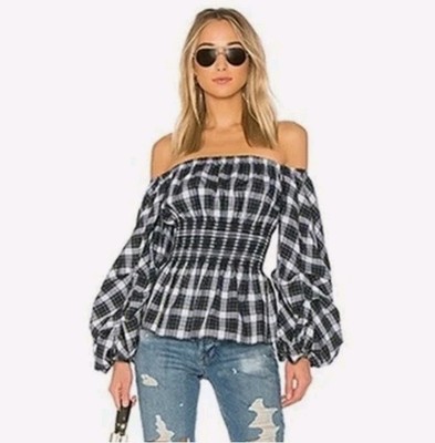 Favlux Women's Off Shoulder Plaid Smocked Peplum Puffy Long Sleeve Top  NWT