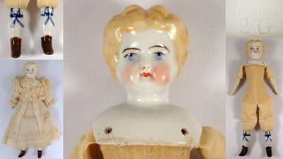 RARE 10.5'' Antique German 2G China Head Doll w Dress & Slip Blue Eyes Ribbon