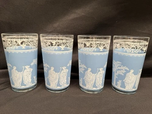 Set Of 4 Wedgwood Jeanette Hellenic Light Blue White Glasses Tumblers Vintage 5”