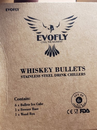 Evofly Whiskey Bullets Stainless Drink Chillers In Wooden Box Set Of 6 - Picture 4 of 5