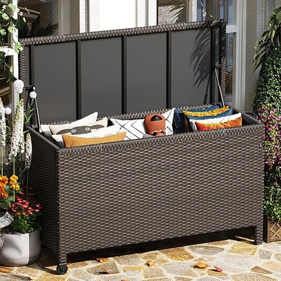 Wicker Deck Box, 185 Gallon All-Weather Outdoor Storage Box, Rattan Storage B...