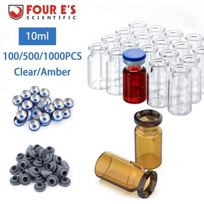 1000PCS Crimp Top Headspace 10mL Glass Vials Aluminum Caps HPLC Lab Clear Bottle