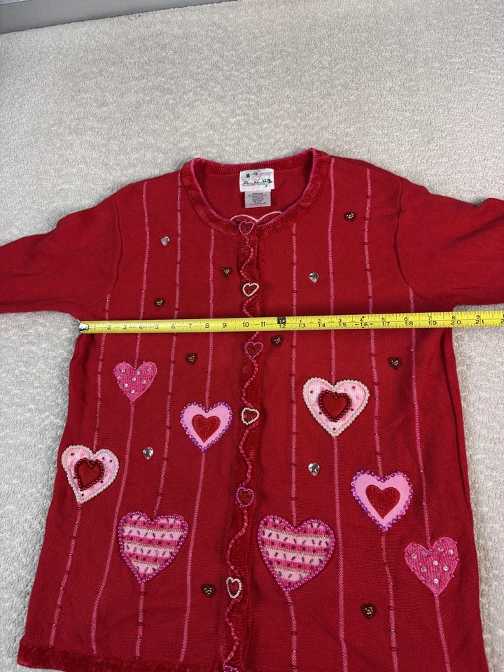 Quacker Factory Sweater Womens Medium Red Valentine Heart Cardigan Beaded Top - Image 4 of 4