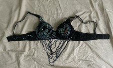 black belly dance bra blue and green sequins and beaded fringe Made In Egypt 32A